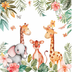 Obraz premium Safari Animals heds Floral Tropical Flower Girl Nursery Wall Art Watercolor