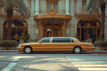 A luxury limousine parked in front of an upscale hotel, ready to chauffeur guests in style