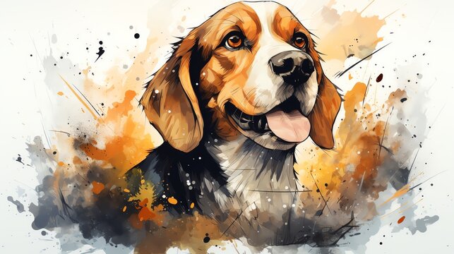 A watercolor painting of a beagle with a paint splatter background in browns and oranges.
