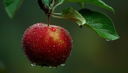 Close up micro shot of fresh apple with dew drops on tree   wide banner with copy space