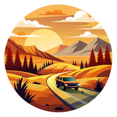 vibrant vector illustration capturing the silhouette of a sleek car cruising along a winding road against a backdrop of a fiery sunset sky