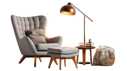 A cozy living room featuring a stylish chair, accompanying ottoman, and a glowing lamp