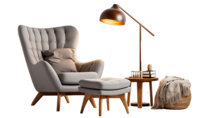 A cozy living room featuring a stylish chair, accompanying ottoman, and a glowing lamp