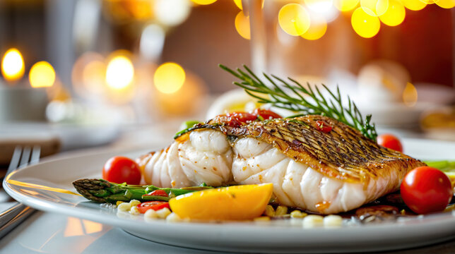 Appetizing fresh grilled fish in served in a fancy restaurant