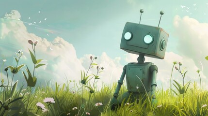Whimsical Robot Contemplating in a Sunlit Field with Butterflies