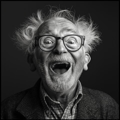 A black and white portrait of an elderly man with wild, tousled hair and large glasses, expressing a joyful and exaggerated surprise.
