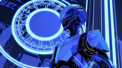 2D Illustrate of a robotic exoskeleton in a neon art deco elegance setting, featuring smooth, luminous surfaces and sharp angles