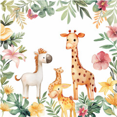 Naklejka premium Safari Animals heds Floral Tropical Flower Girl Nursery Wall Art Watercolor