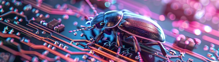 Graphic composite of a Black bug crawling on computer circuits, visual metaphor for a computer glitch, isolated on a lavender pastel background