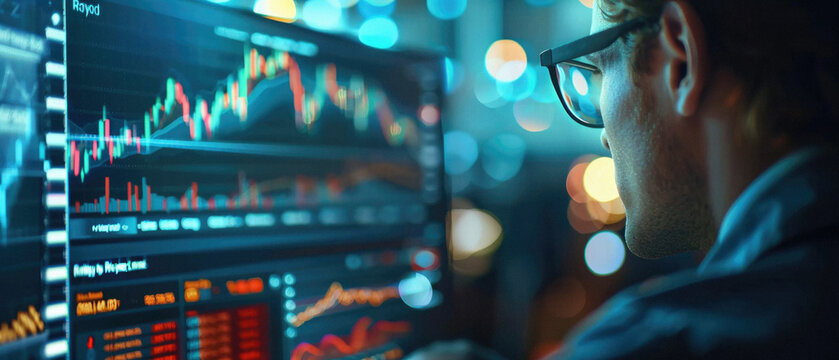 Stock trading investor, financial advisor or analyst working analysing crypto exchange market charts using computer investing money in finances market analyzing data on screen, over shoulder.