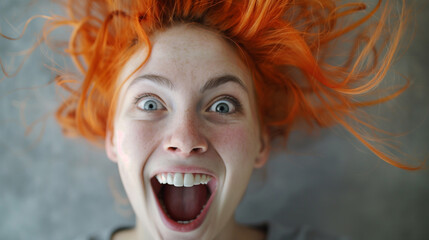 A young woman with vibrant orange hair is captured mid-laugh with her hair fanned out around her head.
