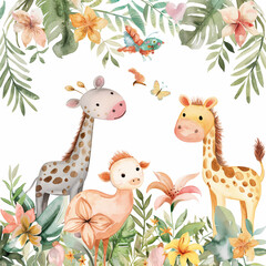 Safari Animals heds Floral Tropical Flower Girl Nursery Wall Art Watercolor