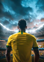 Football, un homme de dos regardant le stade, portant un maillot jaune et vert, image avec espace...