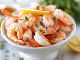 Fresh shrimp tails in a white bowl