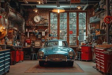 A mechanic's workshop filled with classic car restoration projects, showcasing the craftsmanship of automotive artistry