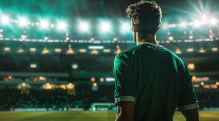 Football, un homme de dos regardant le stade, portant un maillot vert.