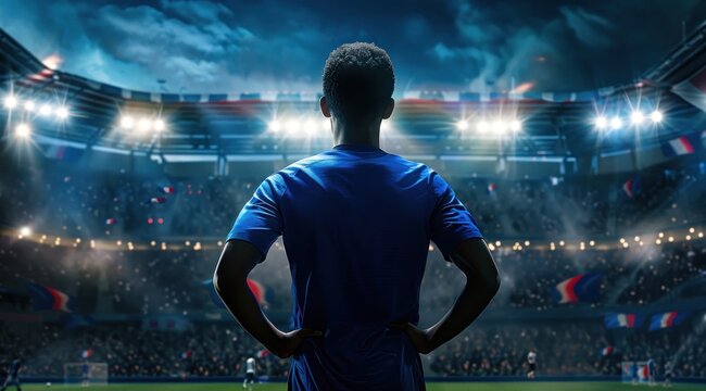 Football, un homme de dos regardant le stade, portant un maillot bleu.