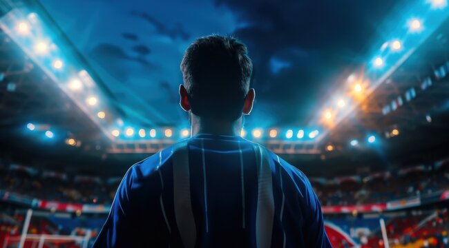 Football, un homme de dos regardant le stade, portant un maillot &agrave; bandes blanches et bleues.