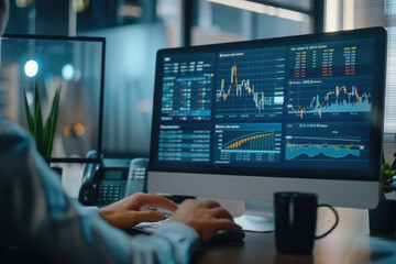 Stock trading investor, financial advisor or analyst working analysing crypto exchange market charts using computer investing money in finances market analyzing data on screen, hands closeup.