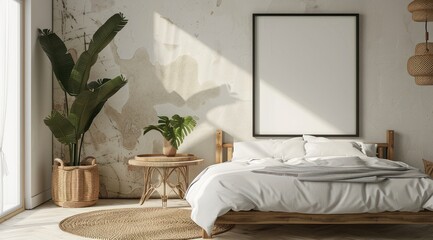 Chambre avec lit et couette blanche, cadre vierge sur le mur, lumière naturelle provenant de la fenêtre, plante dans le coin, décoration d'intérieur élégante.