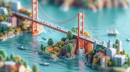A beautiful miniature model of the Golden Gate Bridge and its surroundings. The bridge is surrounded by water, trees, and buildings.