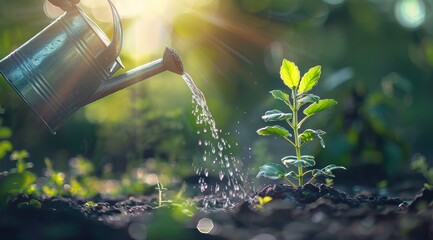 Fototapeta premium Une jeune plante est arrosée avec un arrosoir lors d'une journée ensoleillée dans un jardin.