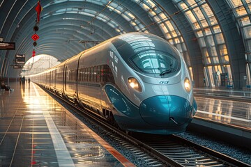 Fototapeta premium A modern high-speed train entering a gleaming, glass-enclosed station, representing the pinnacle of modern transportation
