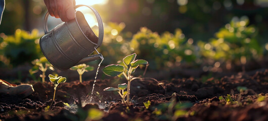 Une jeune plante est arrosée avec un arrosoir lors d'une journée ensoleillée dans un jardin, image avec espace pour texte.