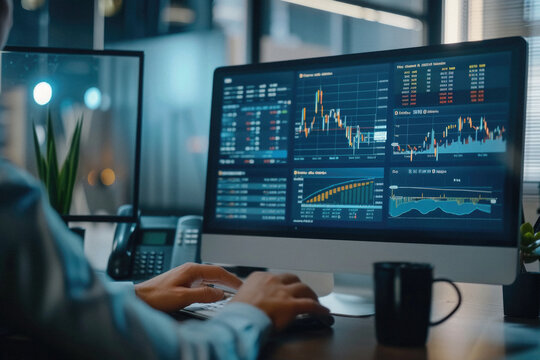 Stock trading investor, financial advisor or analyst working analysing crypto exchange market charts using computer investing money in finances market analyzing data on screen, hands closeup.