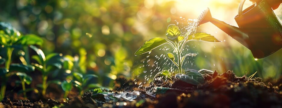 Une jeune plante est arros&eacute;e avec un arrosoir lors d'une journ&eacute;e ensoleill&eacute;e dans un jardin, image avec espace pour texte.