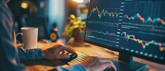 Stock trading investor, financial advisor or analyst working analysing crypto exchange market charts using computer investing money in finances market analyzing data on screen, hands closeup.
