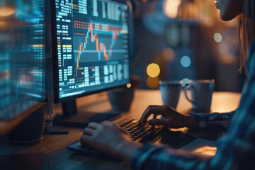 Stock trading investor, financial advisor or analyst working analysing crypto exchange market charts using computer investing money in finances market analyzing data on screen, hands closeup.