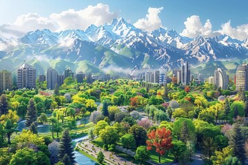 City in valley surrounded by mountains, with a river running through it and many trees and greenery. - obrazy, fototapety, plakaty
