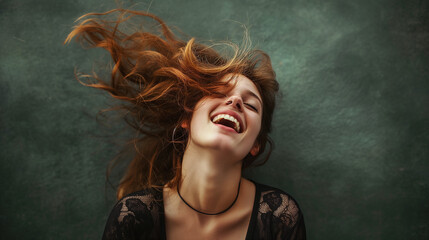 A vibrant portrait of a young woman laughing heartily with her red hair dynamically flowing around her face.
