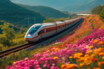 A modern passenger train traveling through a serene countryside, framed by rows of colorful wildflowers in full bloom