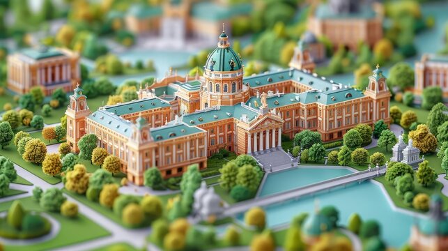 A highly detailed miniature model of a European-style palace or government building with green lawns and trees, a fountain, and a reflecting pool.