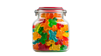 A glass jar is filled to the brim with colorful gummy bears, creating a vibrant and playful display