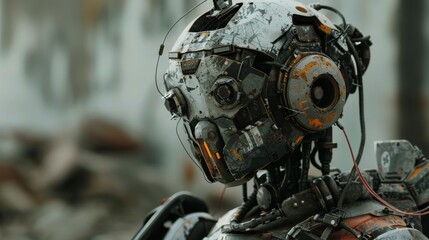 Realism style 3D Modeling of a robotic soldier, shown in gritty, rustic combat gear, in a harsh, shadowed battlefield setting