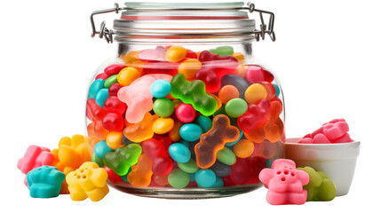 A glass jar overflowing with vibrant gummy bears of all colors and flavors