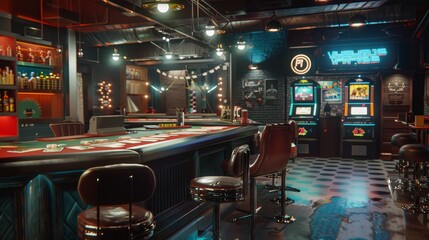 Naklejka premium Realism style 3D Modeling of game mechanics demonstration, focusing on the tactile experience of handling game pieces and cards, set in a sharp, photorealistic gaming cafe