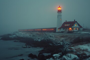 A passenger train passing by a historic lighthouse on a rocky shoreline, the beacon casting a...