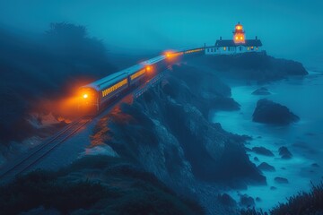 A passenger train passing by a historic lighthouse on a rocky shoreline, the beacon casting a...