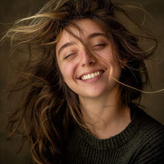 A joyful portrait of a young woman with her eyes closed, smiling broadly as her hair whirls around her in a lively dance.
