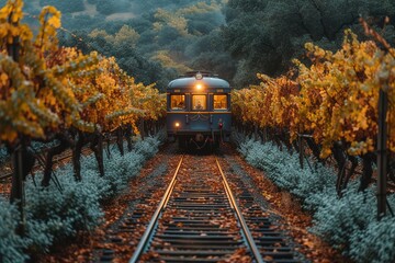 A passenger train traveling through a picturesque vineyard, with rows of grapevines heavy with...