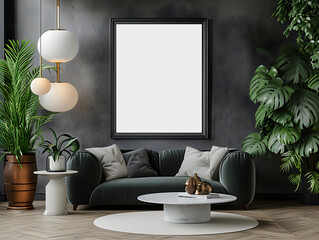 Contemporary cozy Livingroom in the evening with furniture, green plants, two chandelier, green sofa,black walls, chandelier with interior mockup with one white photo frame in the background