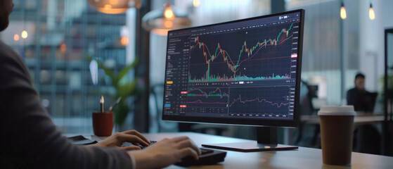 Stock trading investor, financial advisor or analyst working analysing crypto exchange market charts using computer investing money in finances market analyzing data on screen, hands closeup.