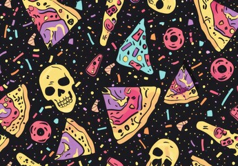 Fototapeta premium Minimal pizza background with confetti, skull, 80s-90s trend art, badge, cartoon, colorful, comic, cool design, disco, doodle, drawing, drug element, fabric, fashion, food, fun