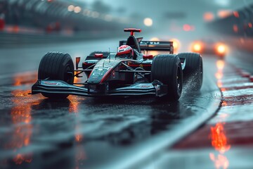 A professional car racer taking a tight corner on a challenging racetrack, tires gripping the...