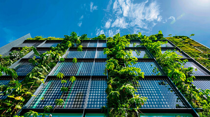 An eco-conscious building facade adorned with solar panels and green plants against a bright blue sky