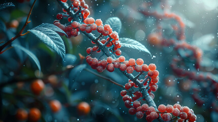 A close up of a branch with red berries on it. The berries are frozen and appear to be in a spiral shape. The image has a serene and peaceful mood